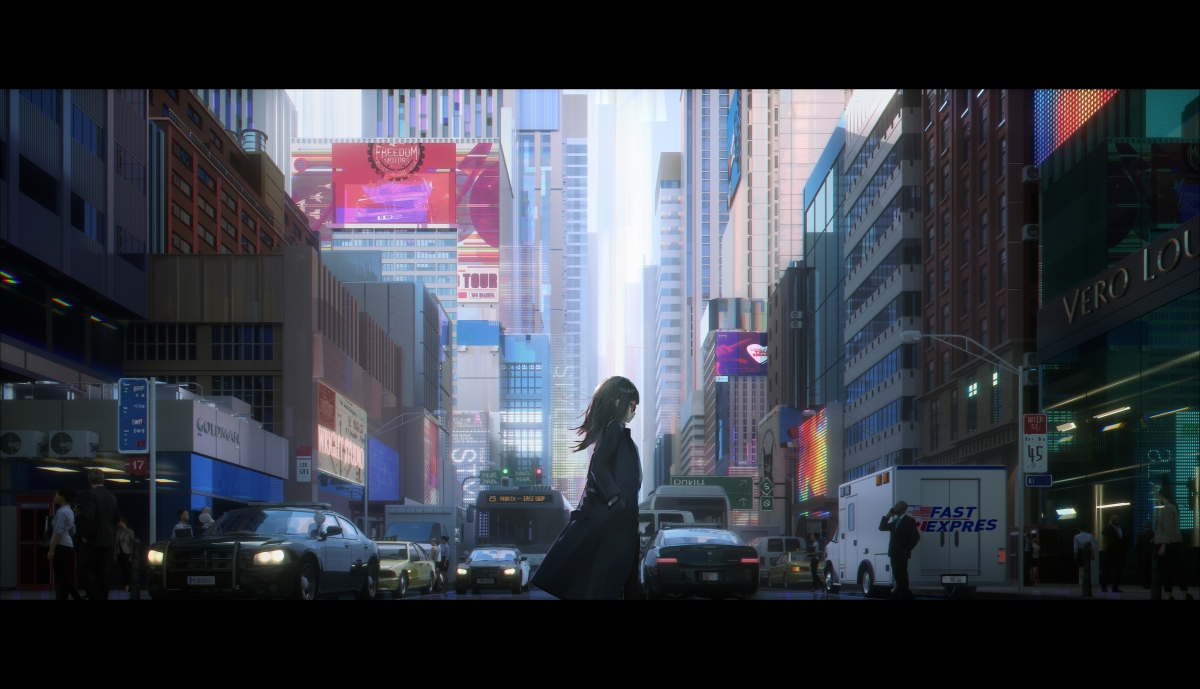 Girl urban high-rise building car
