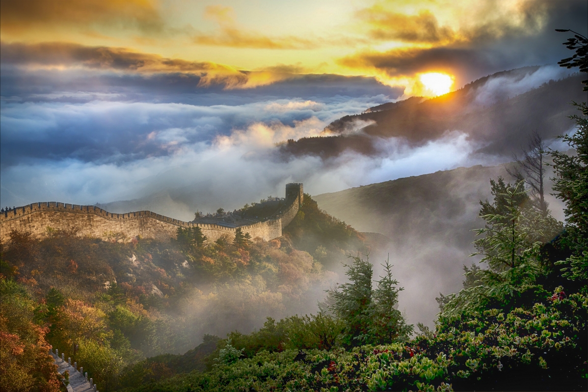 Great Wall Sky Clouds Sun Mountain