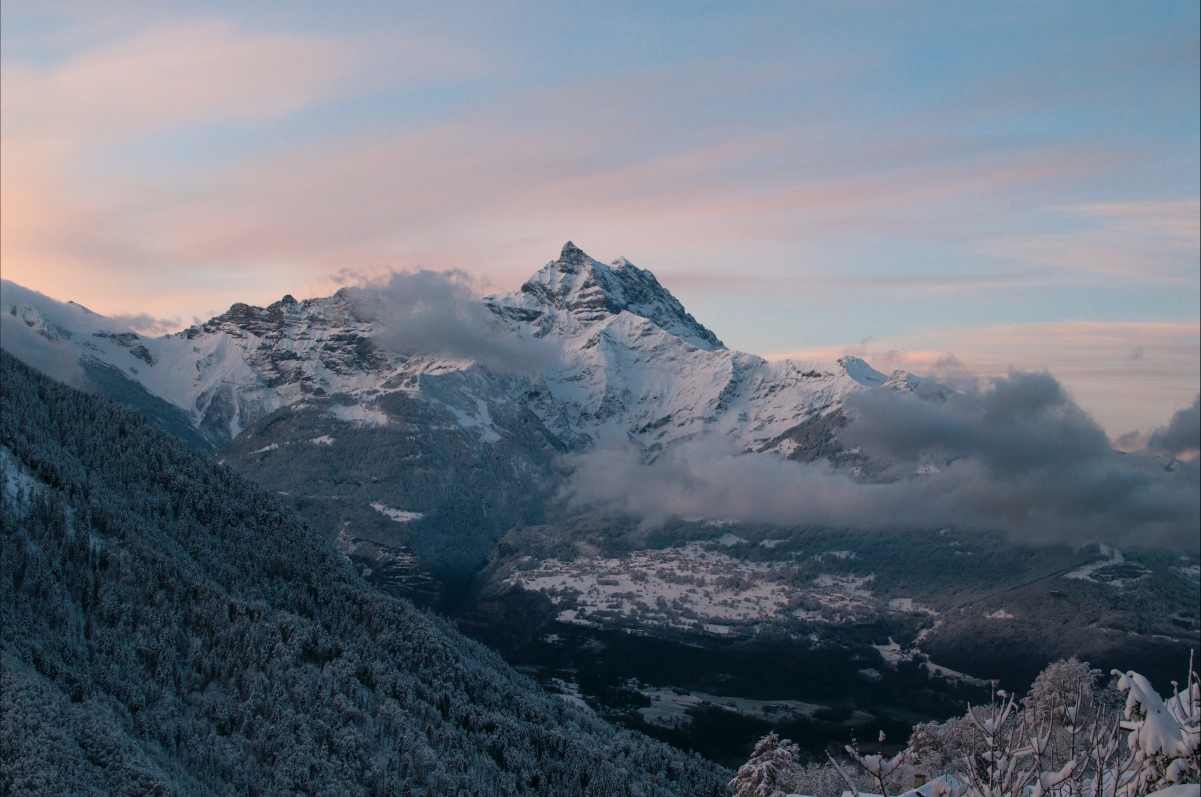 4K landscape of distant mountain peak snow mountain