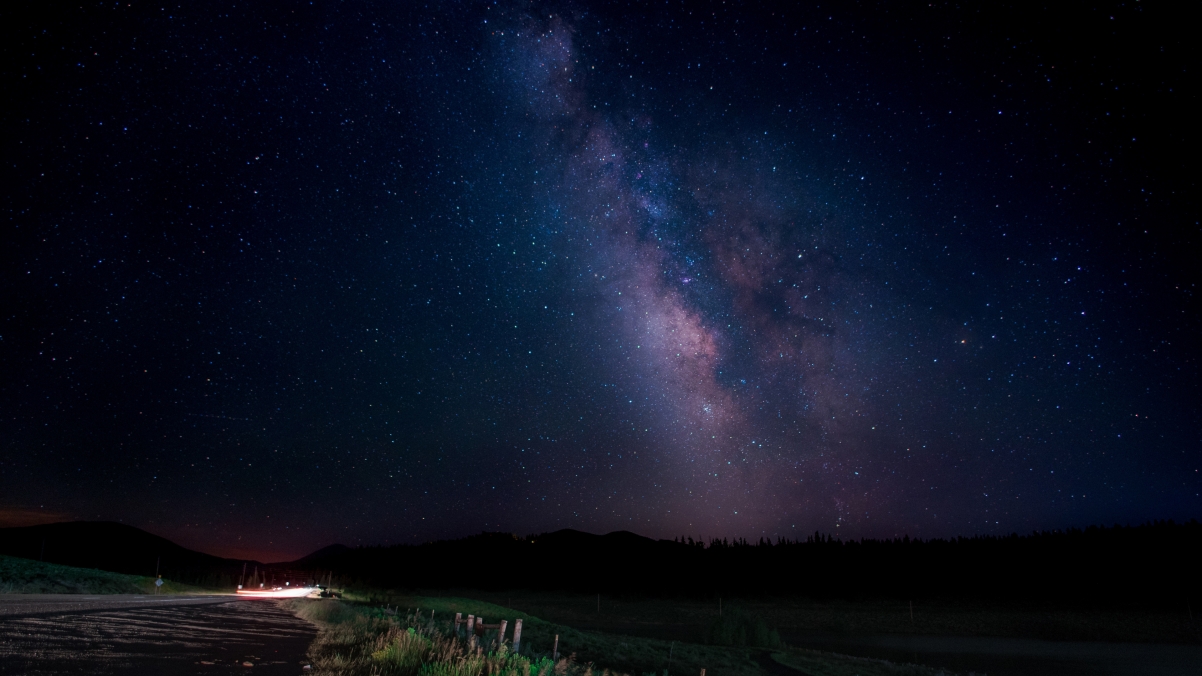Night, stars, road, trees, starry sky 4k