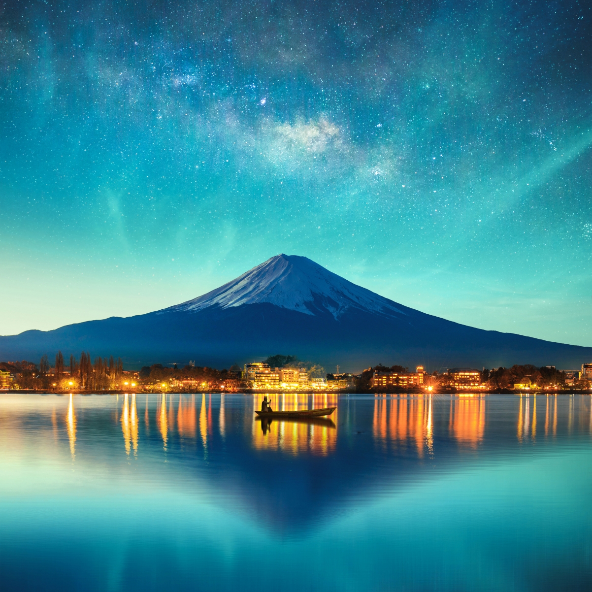 Night starry sky mountain reflection light