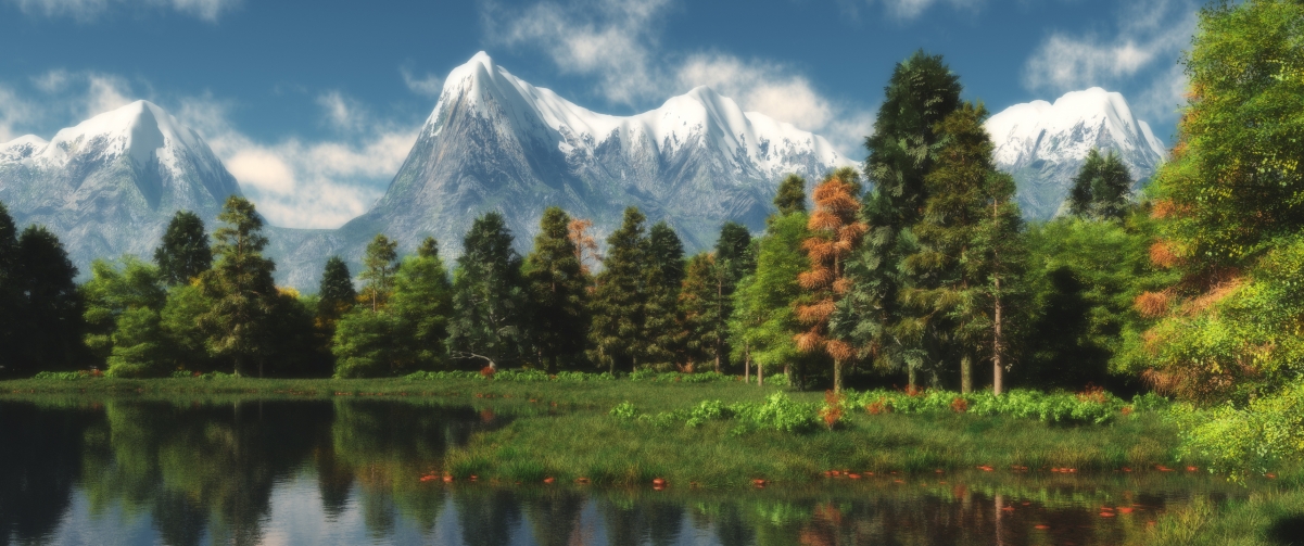 Snow mountain forest lake mountainside scenery 34