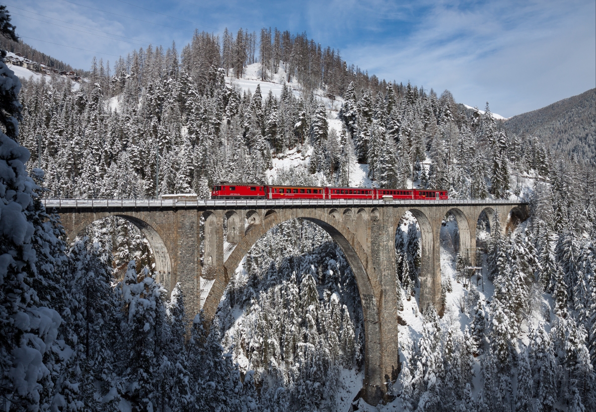 Snow mountain forest viaduct train