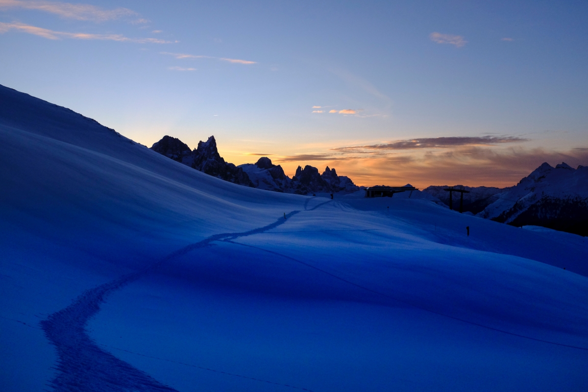 Snow, path, mountains, sky, 4k landscape