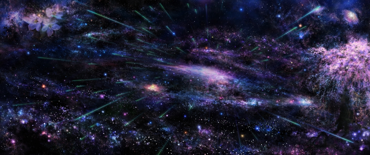 Starry sky, sakura, stars, milky way, 34