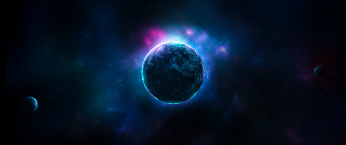 Starry sky, planet, universe, 3440x14