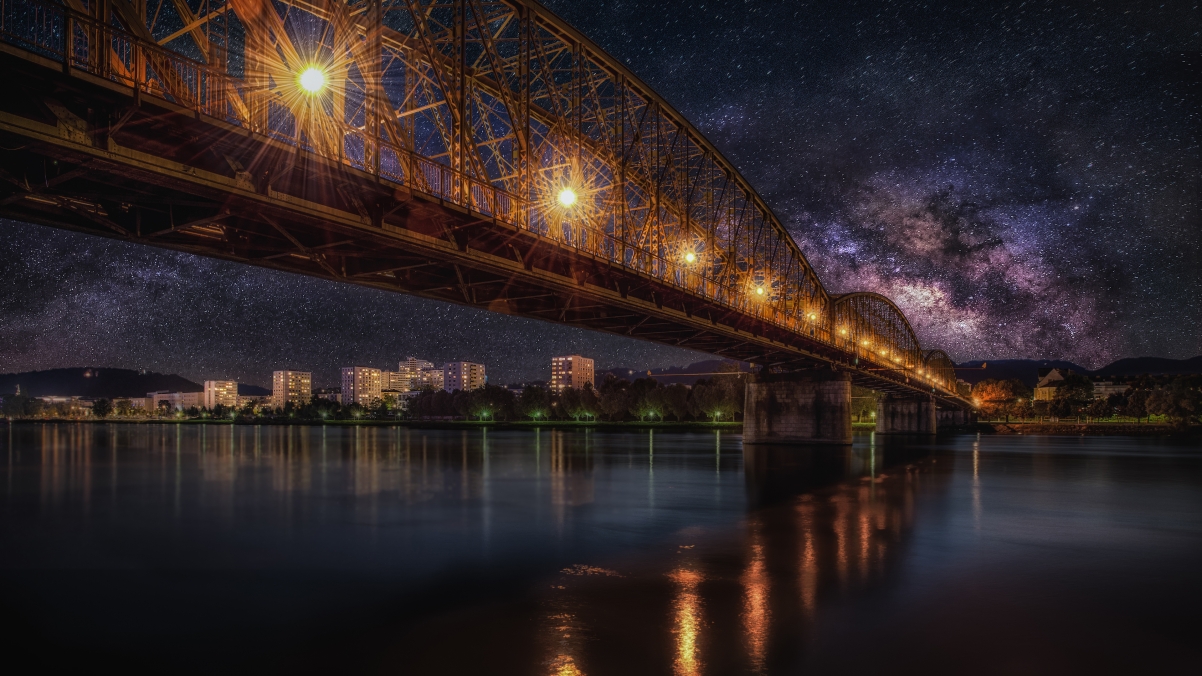 Night scenery of starry sky bridge railway