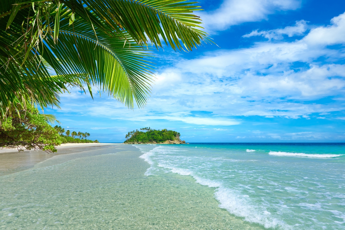 Small island, sea, beach, palm trees,