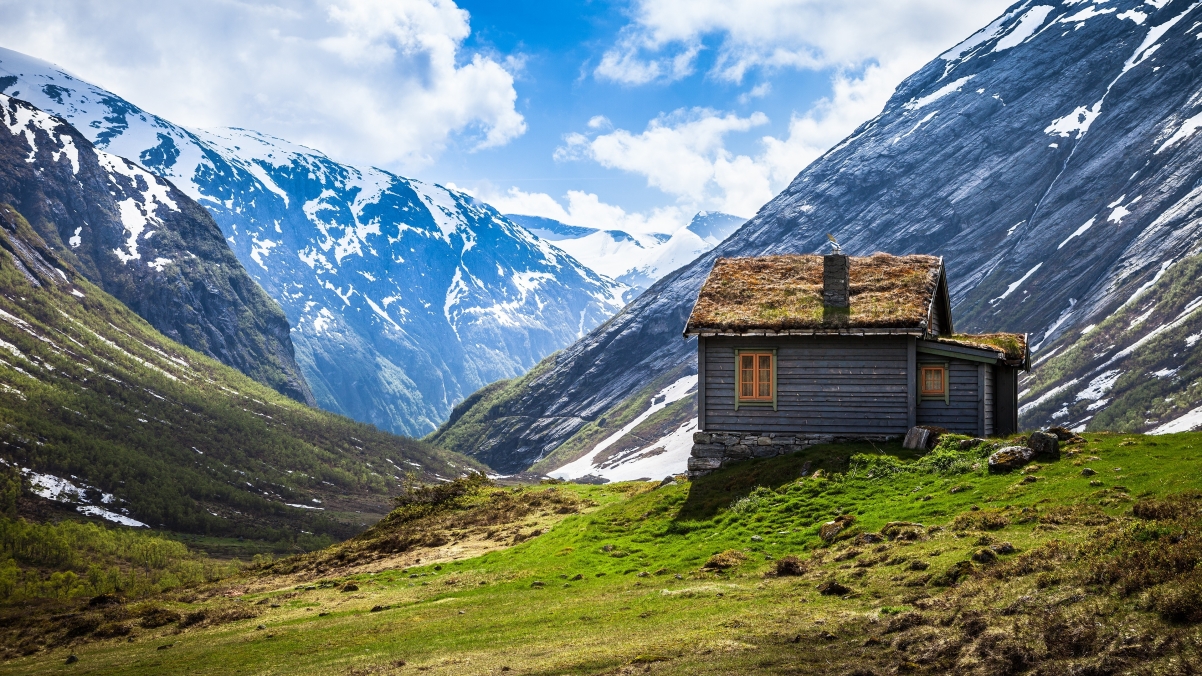 Rural mountain landscape wooden house farmer