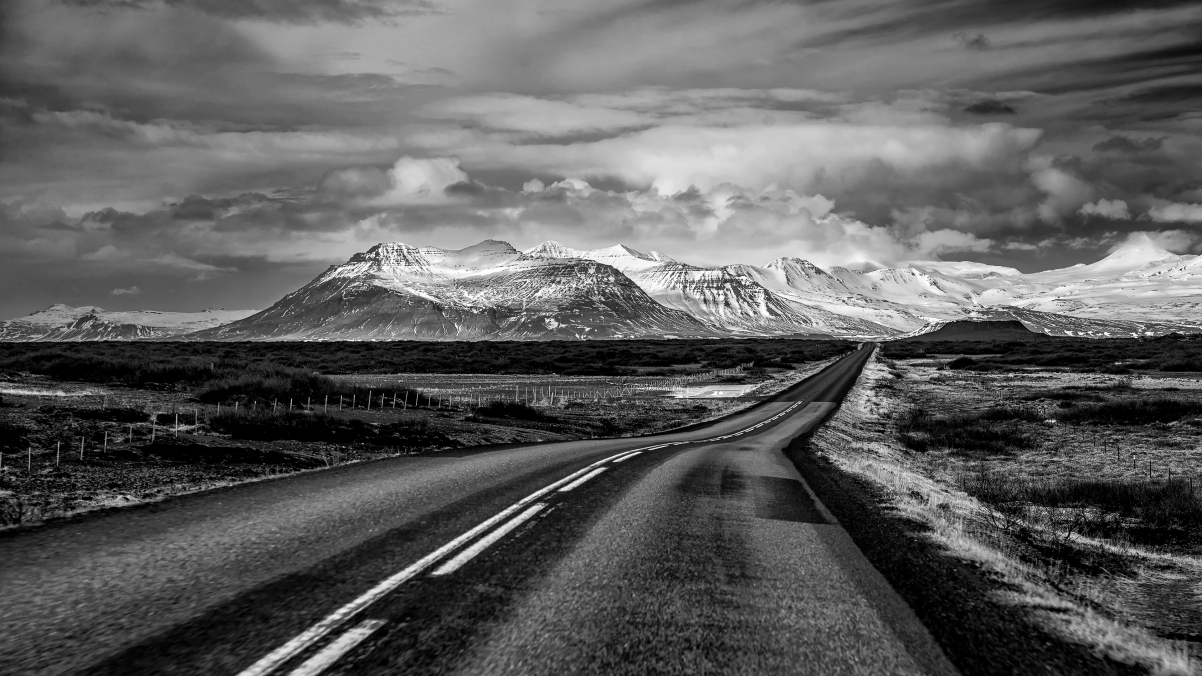 Black and white landscape photo of Ring Road in West Iceland