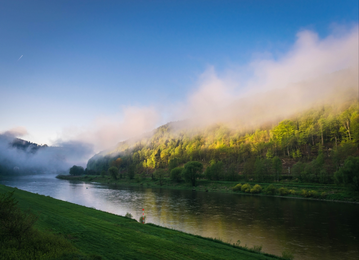 Misty river elbe sun landscape