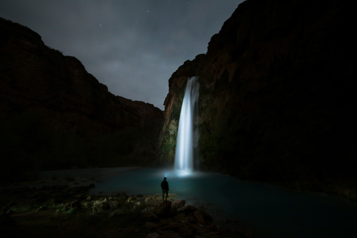 5K landscape of starry sky waterfall at night