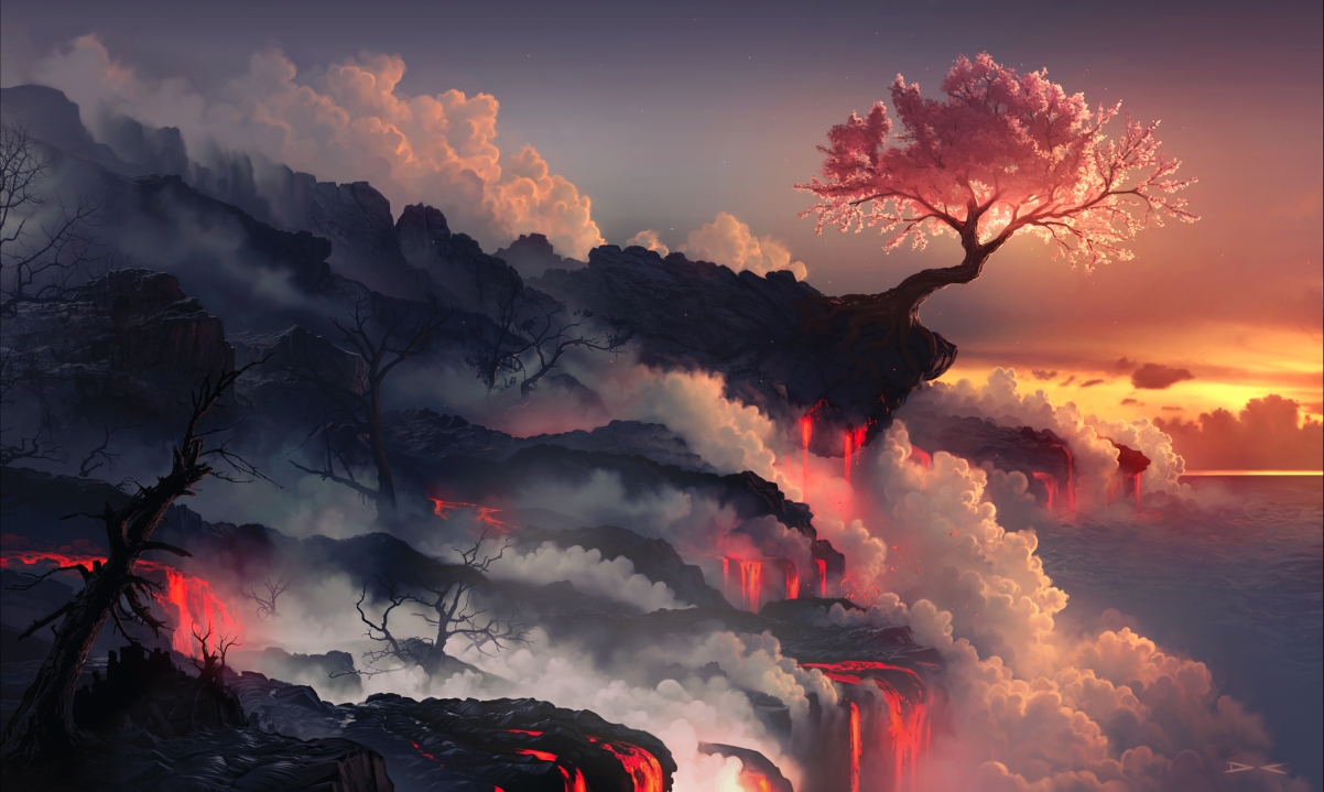 Sky, clouds, volcano, tree, beautiful art