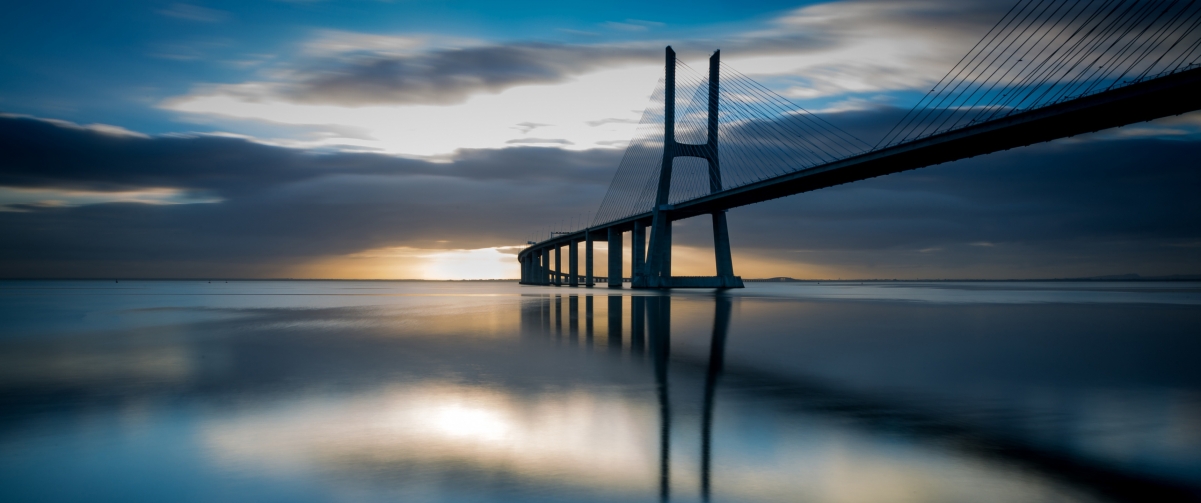 Sky, river, bridge, 3440x1440