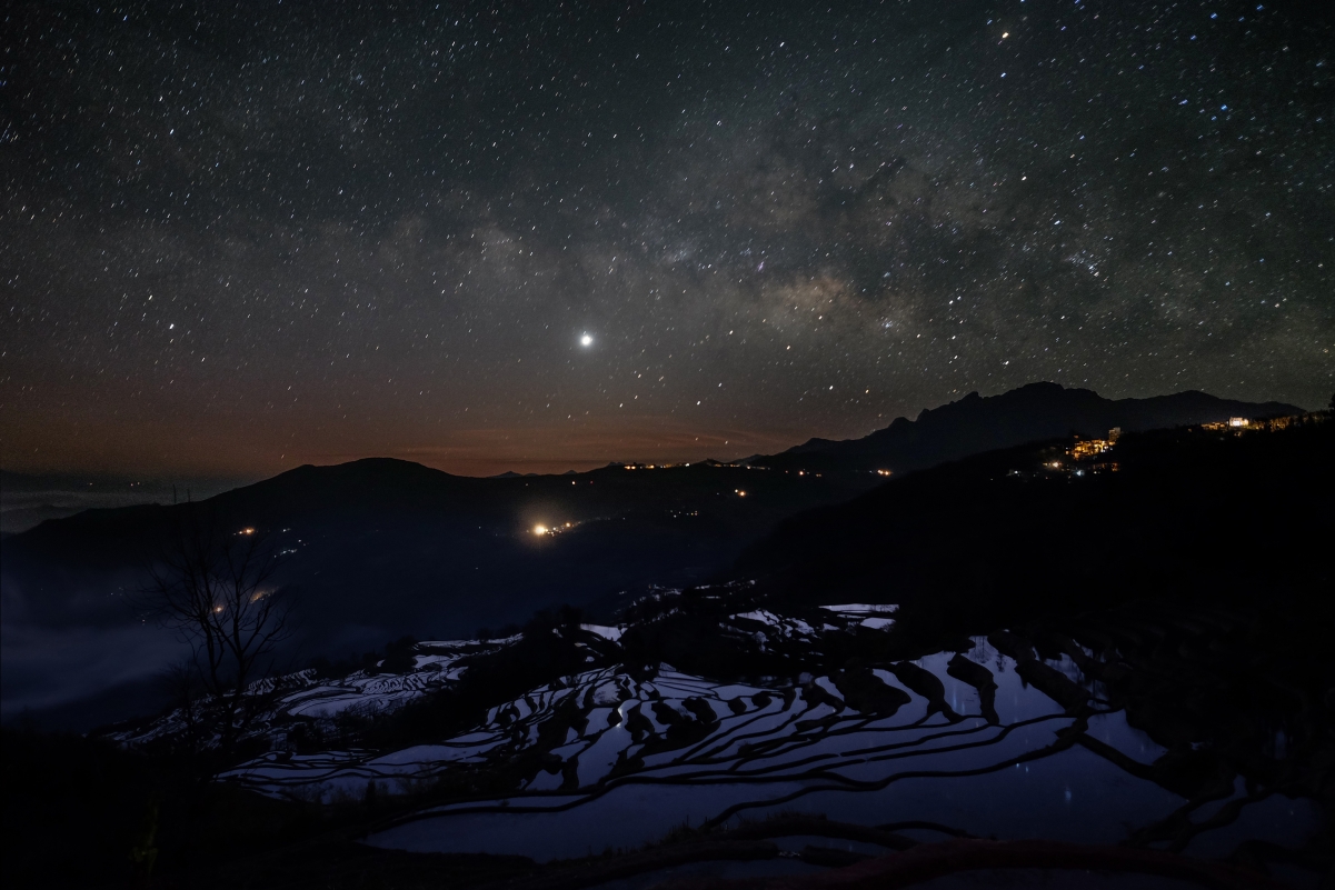 Sky stars night mountain terraces