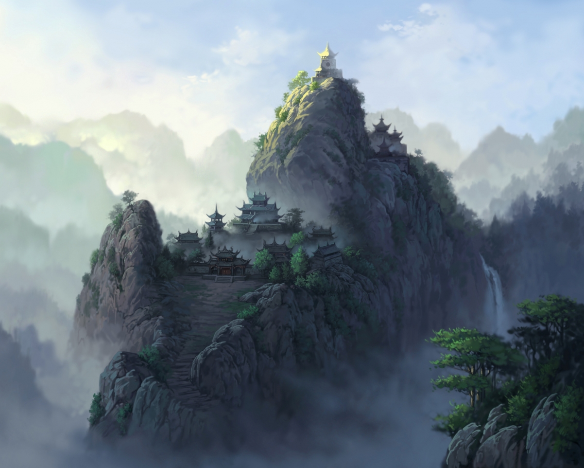 Mountain temple, tower, bell tower, mountain mist, high mountains