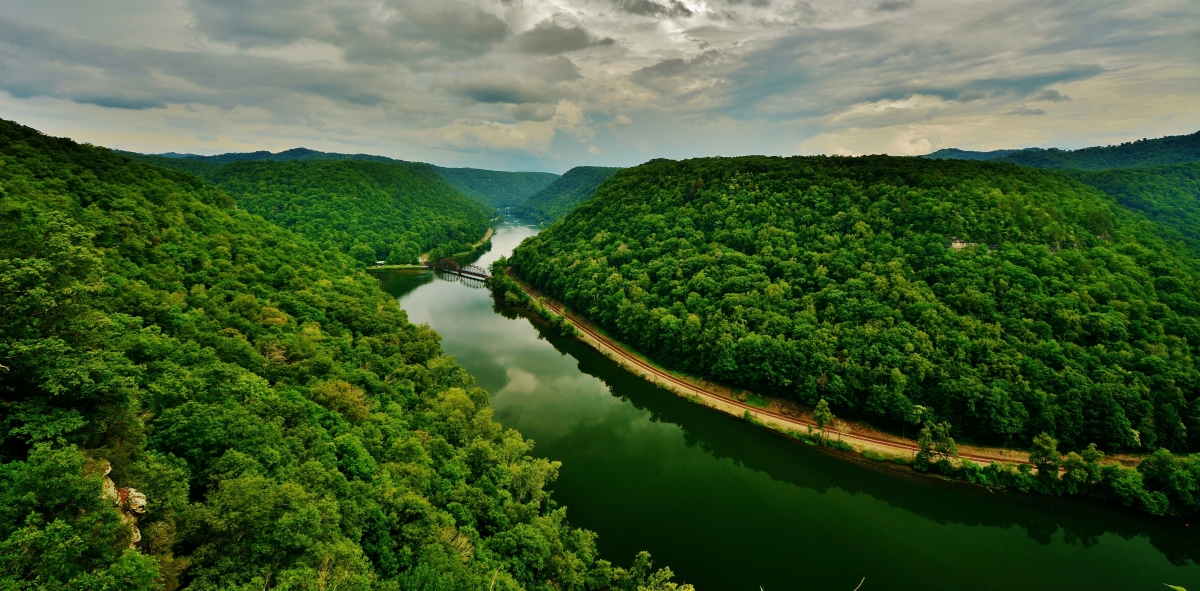 Mountains, trees, sky, clouds, river landscape