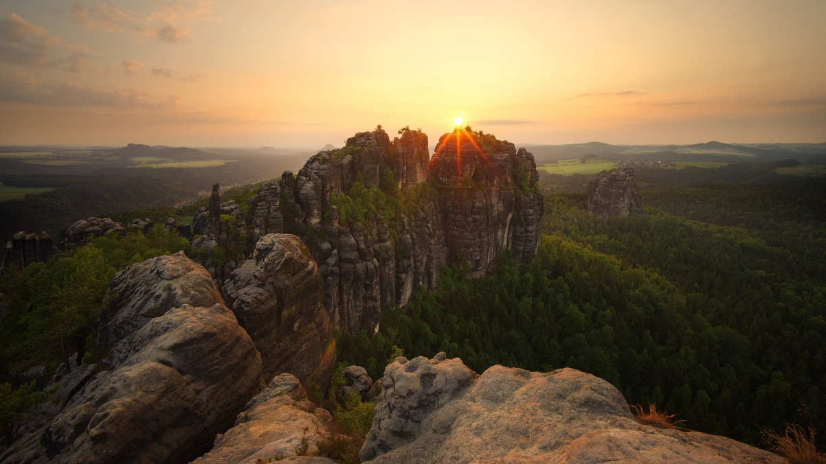 Mountains, woods, stones, heights, sunset