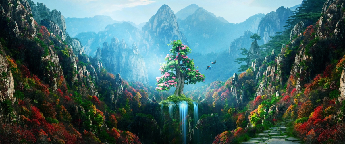 Mountain waterfall wonderland tree flower valley