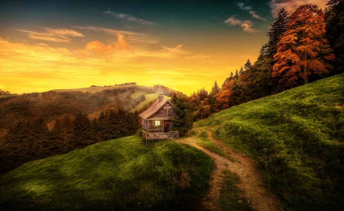 Mountain House Nature Landscape 4K Wallpaper