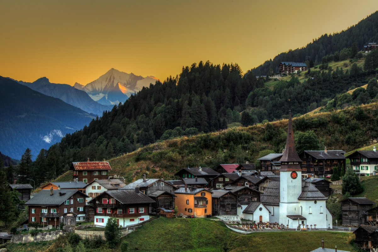 Switzerland, forest, trees, houses, church