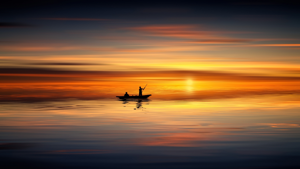 People rowing boat at sunset 4k wallpaper