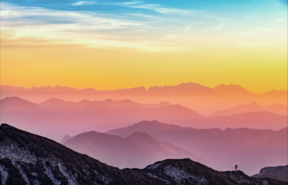 Sunset, mountain, climber, 4K landscape wall