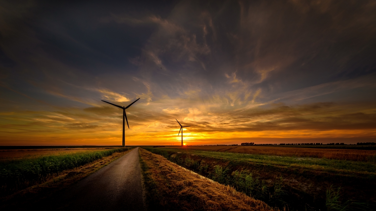 Sunset, road, windmill, 4K landscape wallpaper