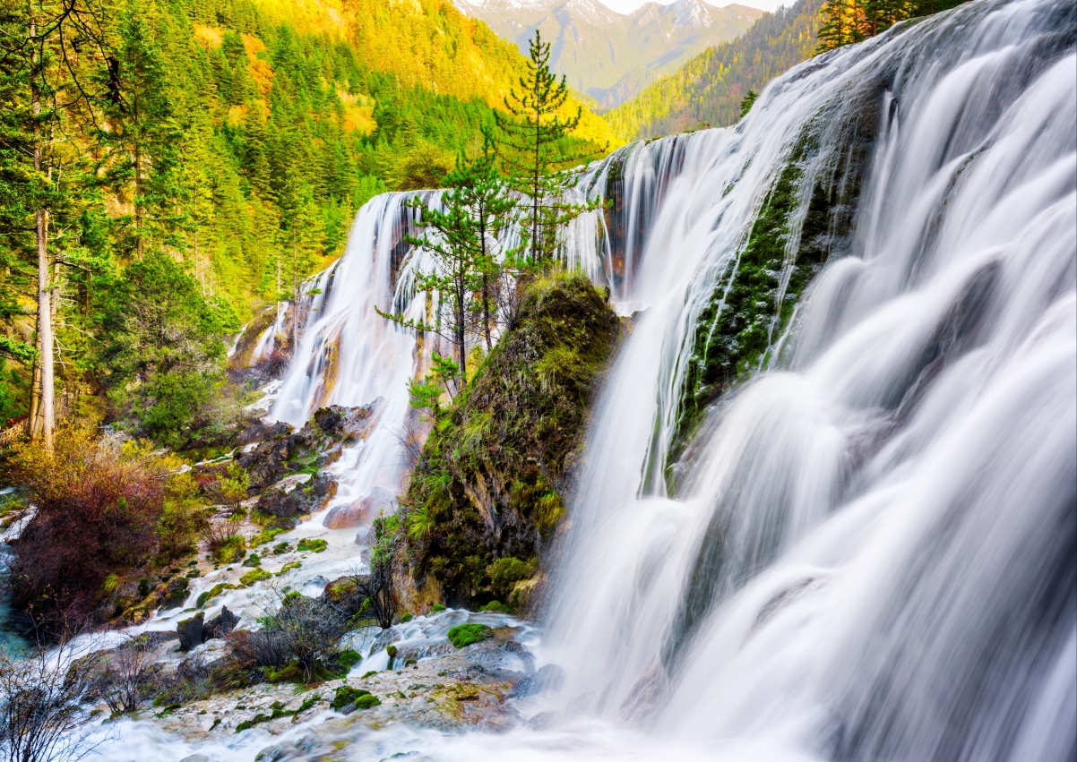 Autumn waterfall scenery 5K wallpaper