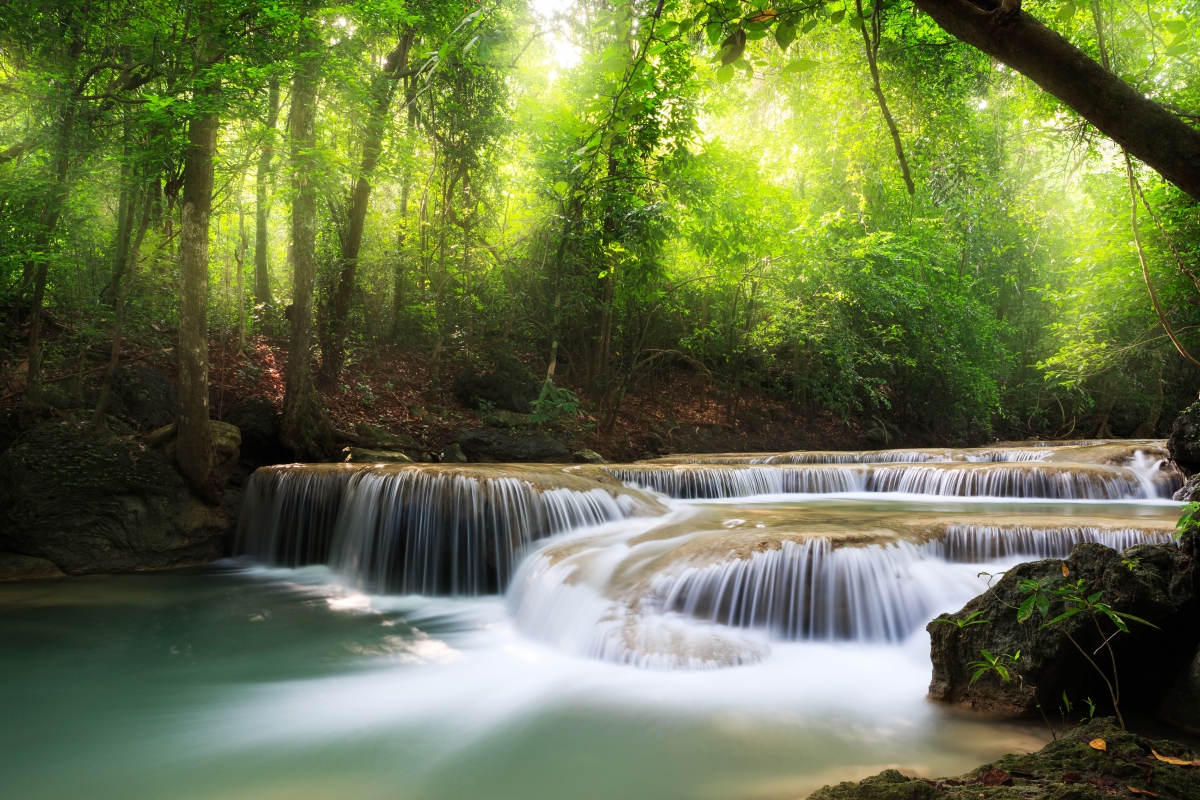 Waterfall, forest, trees, sky, clouds