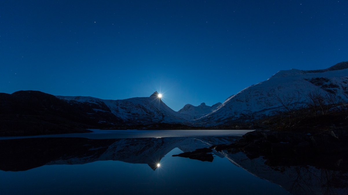 Moon lake at night in Bodo, Norway