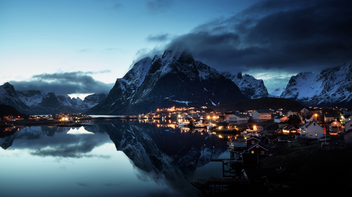 Evening sea in Lofoten mountains, Norway