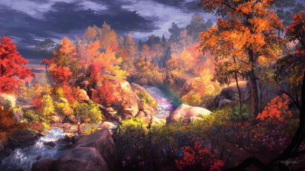 Fantasy autumn painting tree natural landscape water