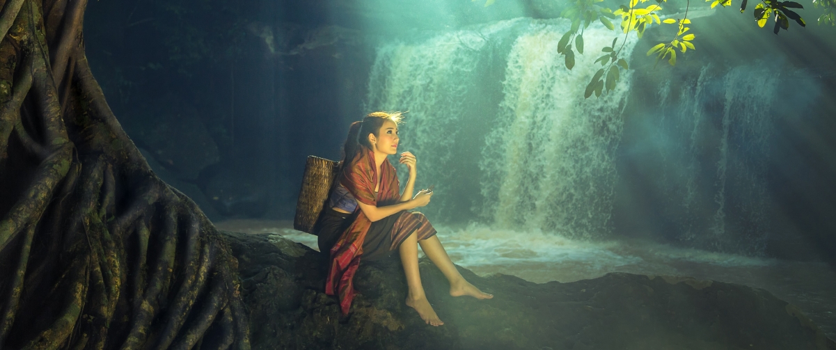 Beautiful girl bamboo frame forest trees