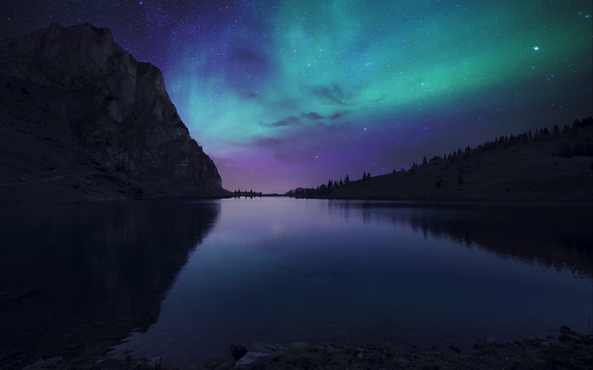 Beautiful starry sky mountain lake river