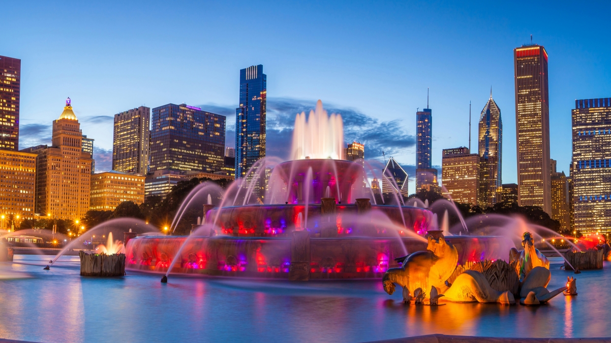 Beautiful city night fountain 4k