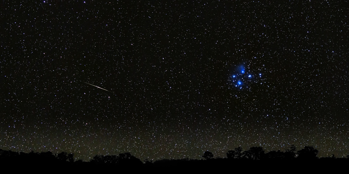 Pleiades star cluster starry sky space meteor