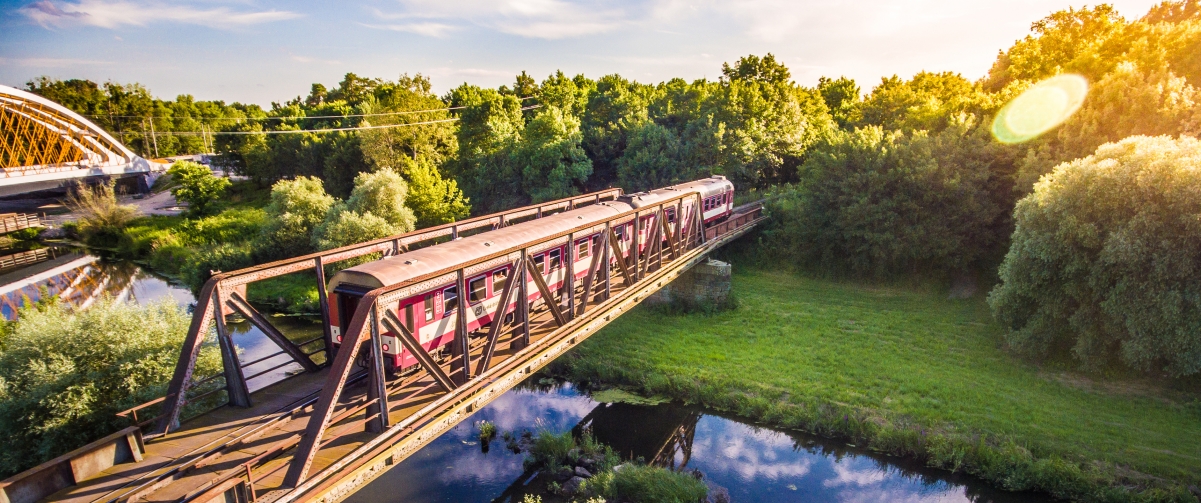 Old train crossing the old steel bridge scenery 34