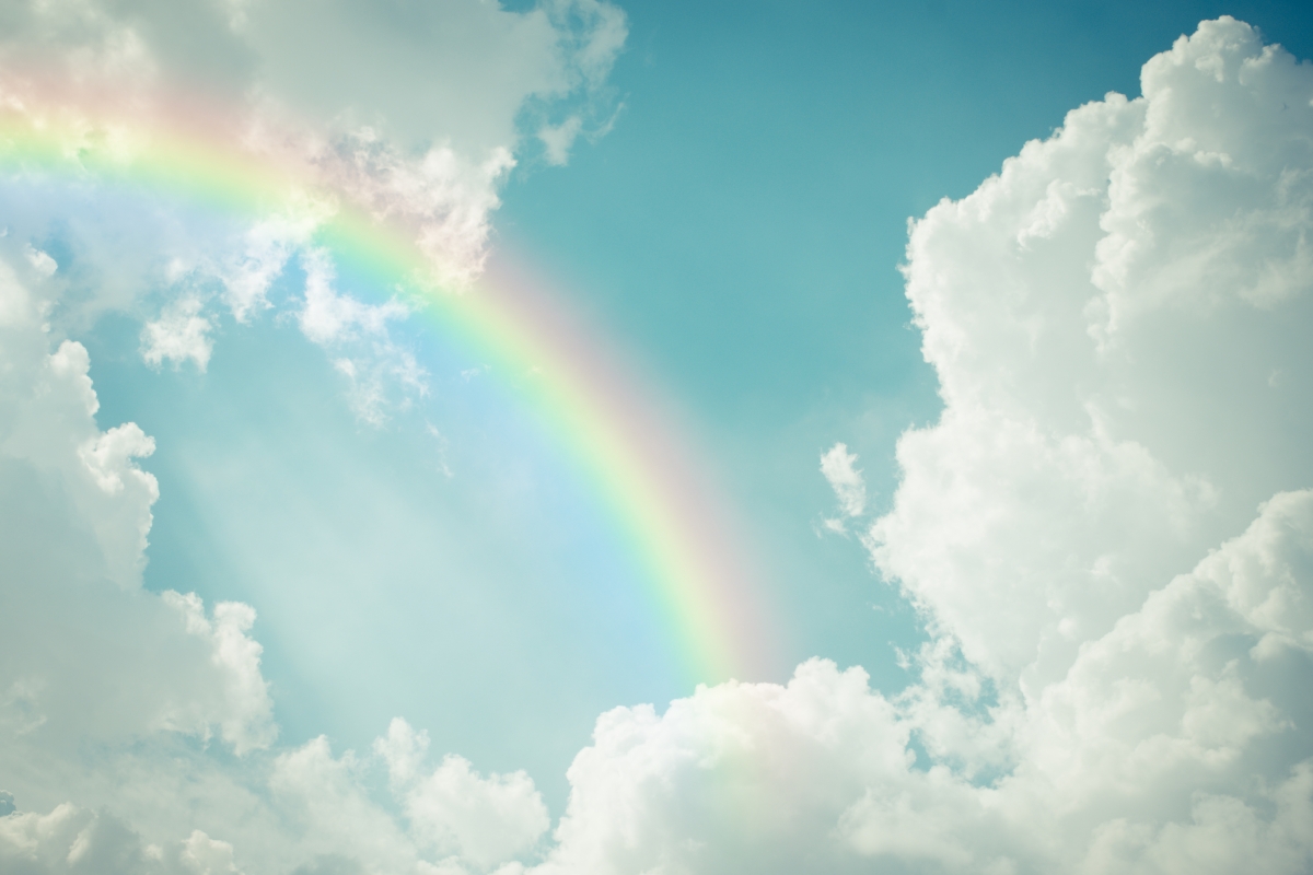 Blue sky white clouds rainbow 6k landscape wallpaper