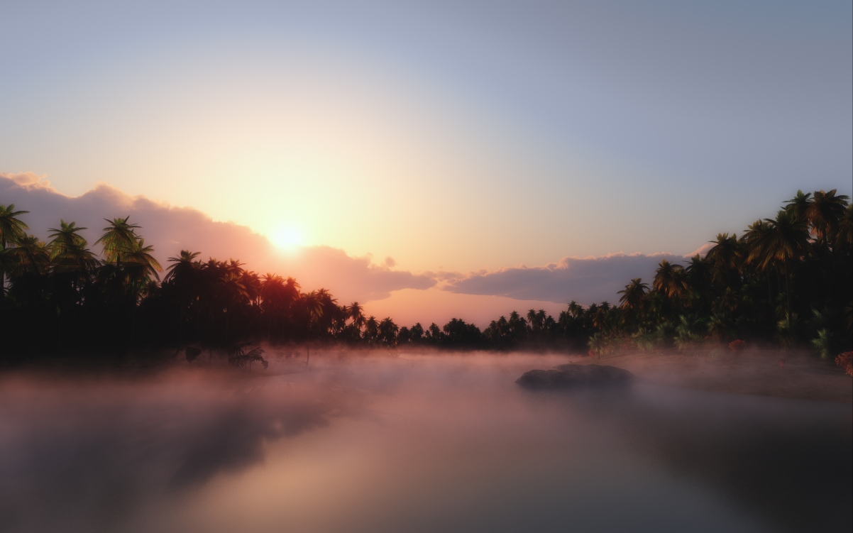 Lake, woods, sunrise landscape 4k wallpaper