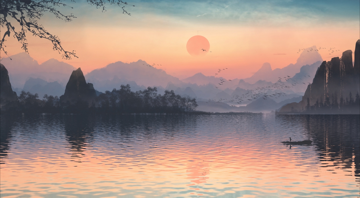 Beautiful hand-painted landscape painting sunset lake