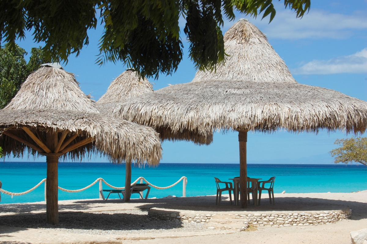 Beach pavilion palm trees sandy beach