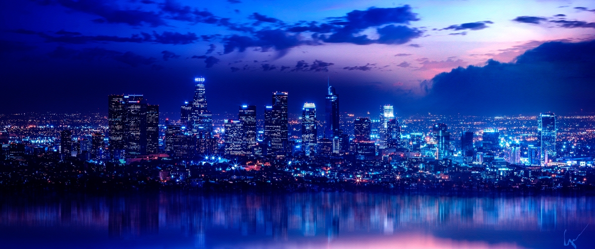 Seaside city night view skyline 3440