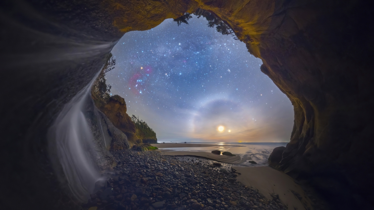 Seaside stone cave waterfall starry sky 5k