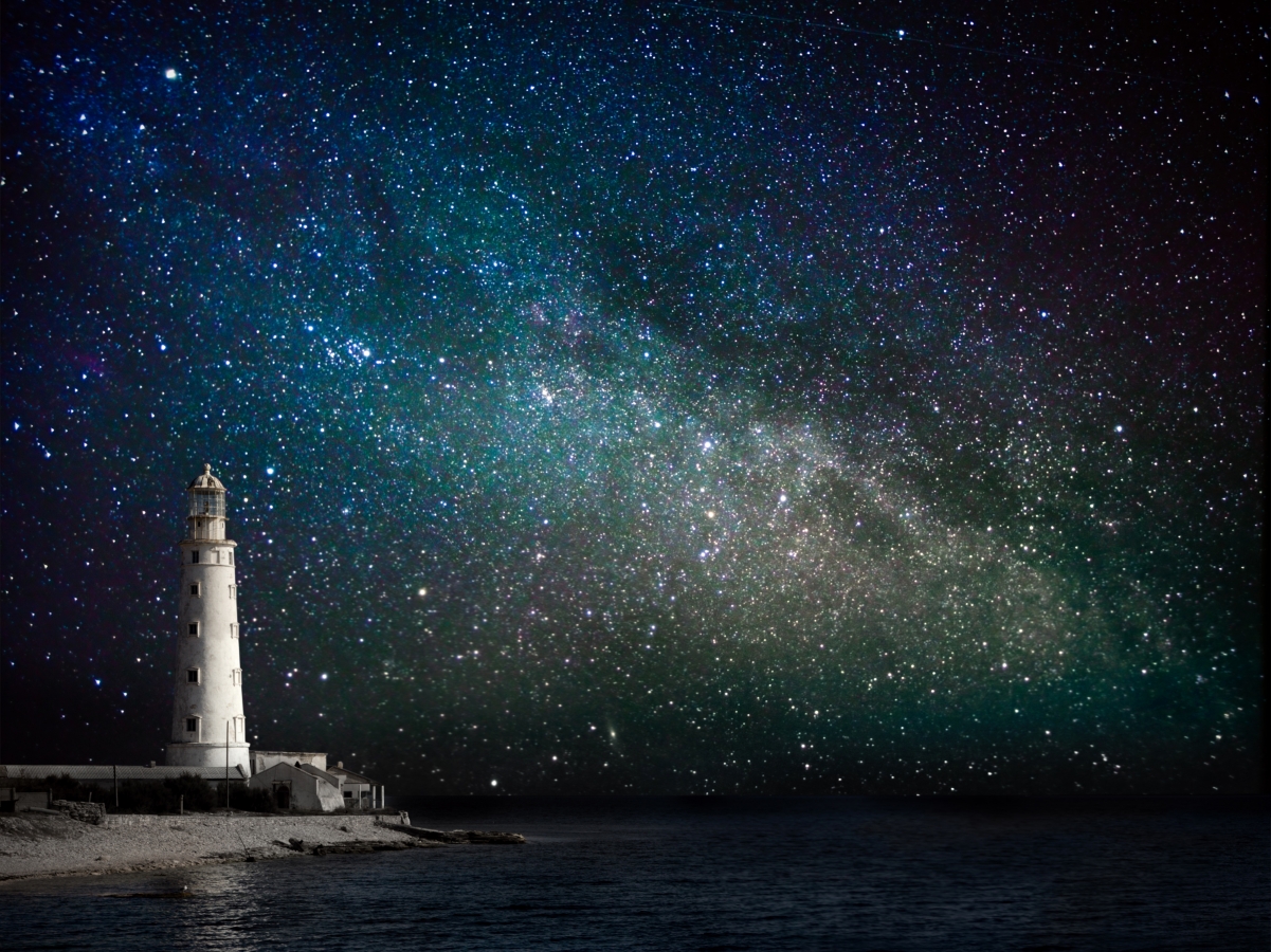 Coastal lighthouse night sky starry sky 4K