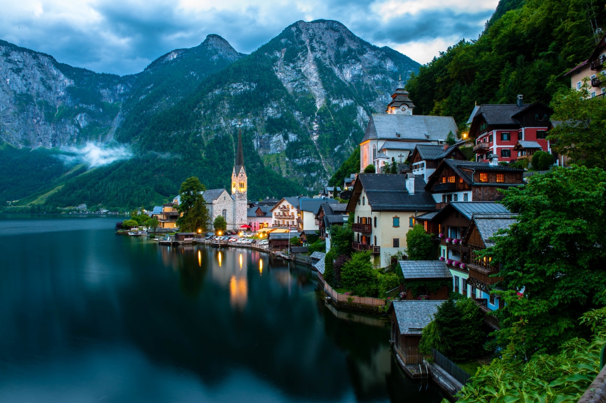 Hallstatt, church, houses, trees