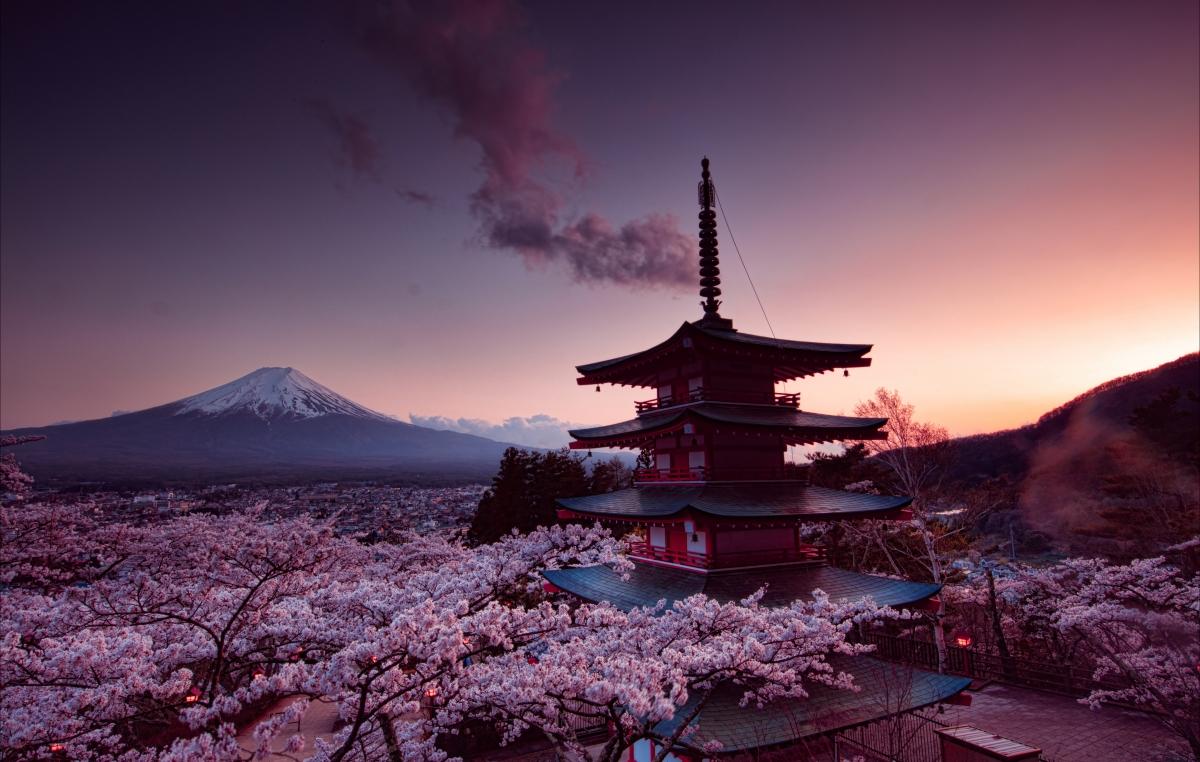Fuji mountain, tower, sakura Japanese 4K wind
