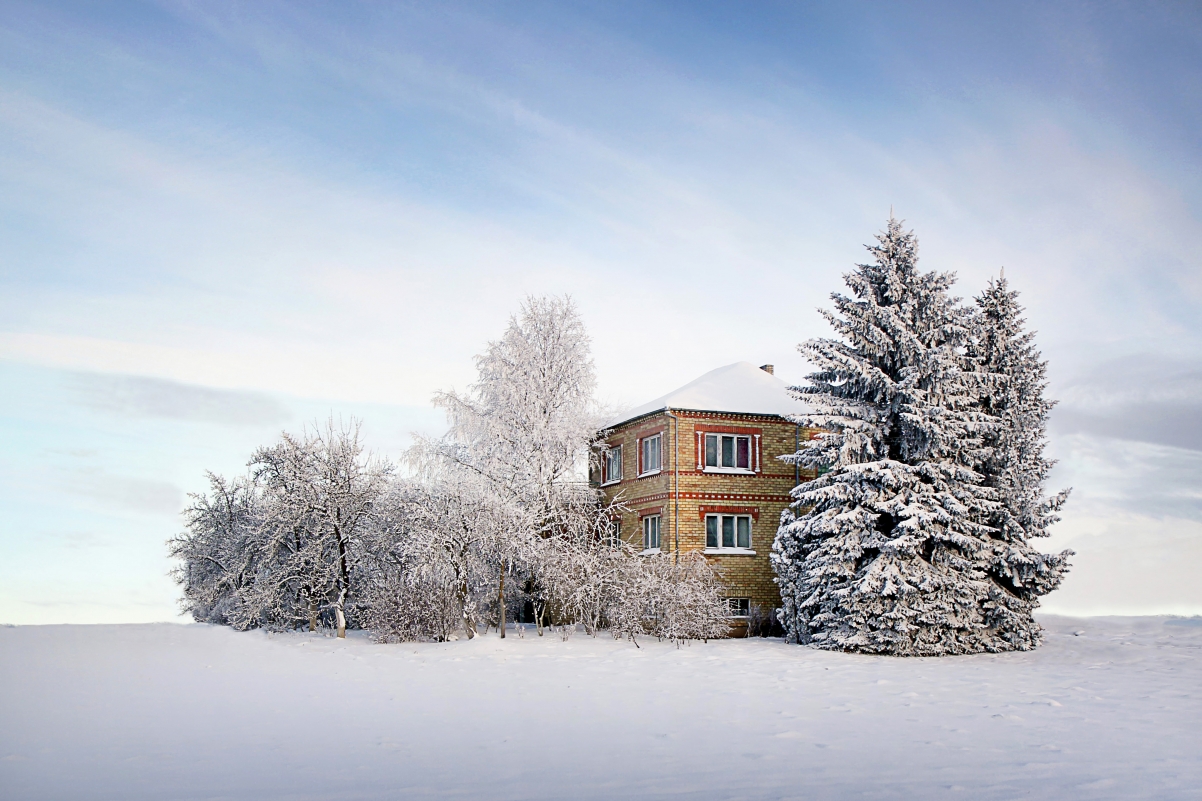 Winter sky clouds snow trees house