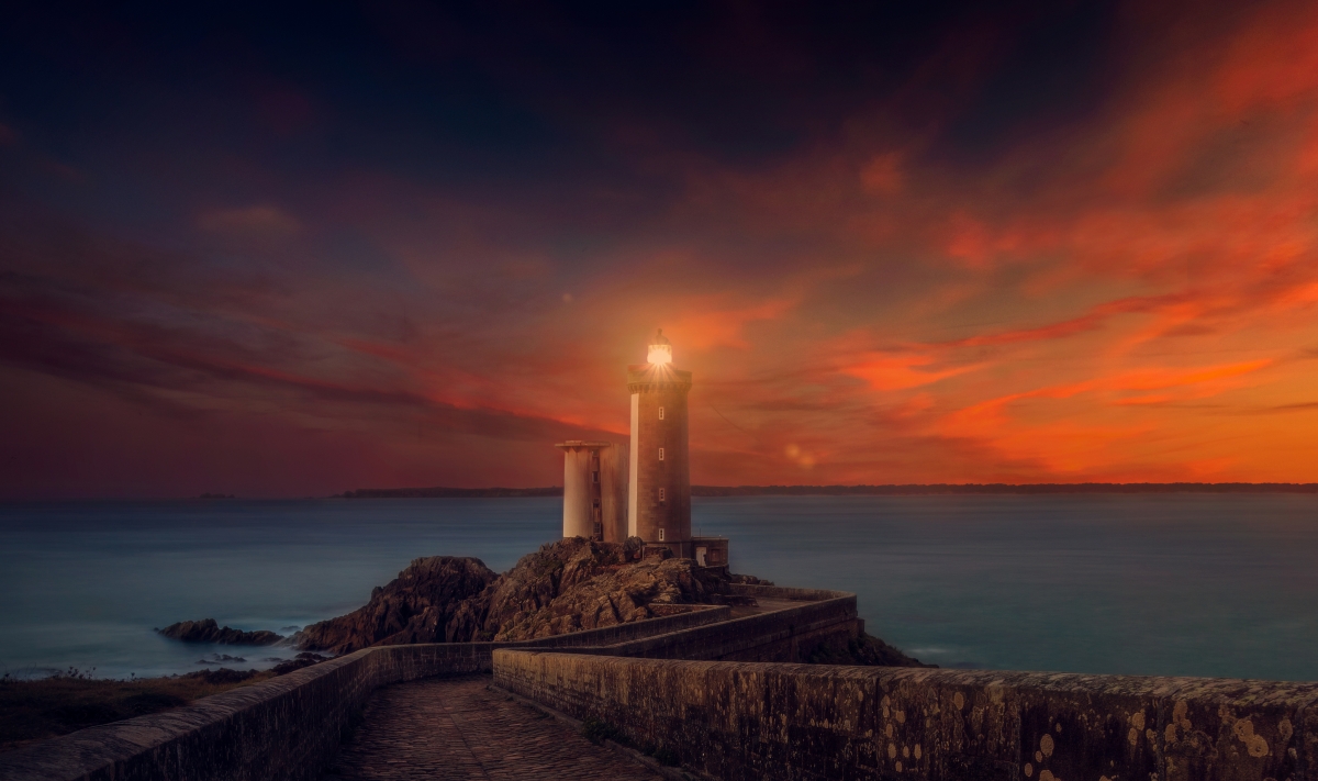 Lighthouse sunset landscape 4k wallpaper