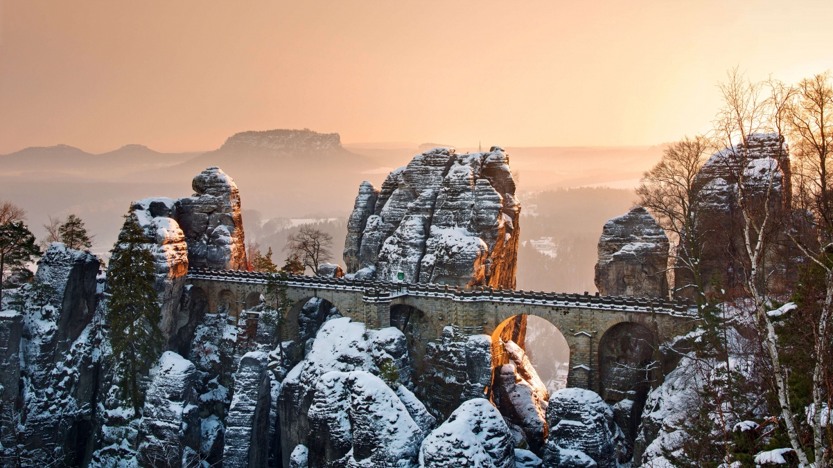 Winter snow scene of the Roman Bastion Bridge in Germany